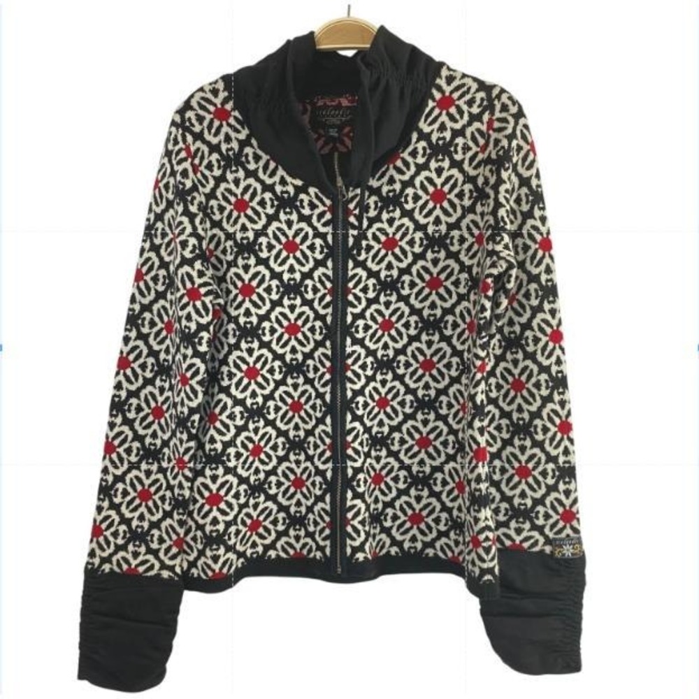 VTG Icelandic Design Floral Squares Zip Sweater Women M Black Ruched Funnel Neck